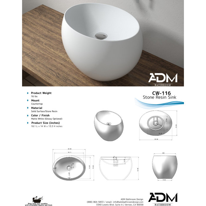 ADM Bathroom 14'' Resin Oval Vessel Bathroom Sink Wayfair